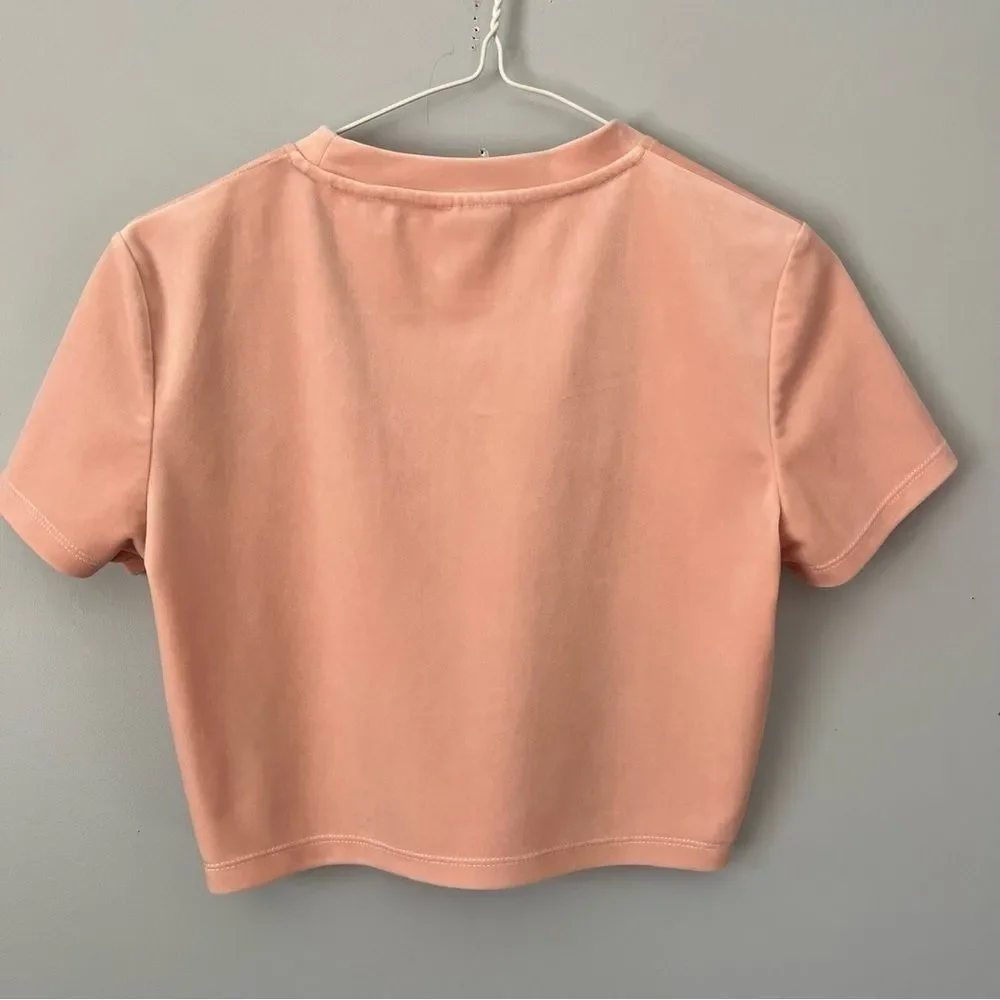 Guess Rhinestone Front Logo Powder Pink Velour Cropped Short Sleeve Shirt Size S